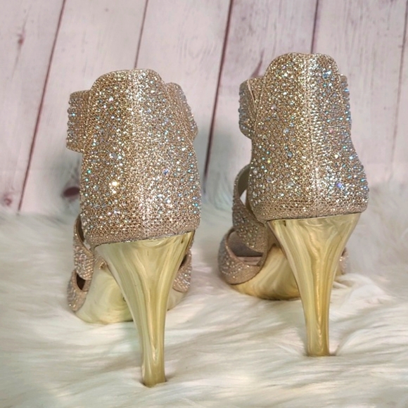 Rhinestone Bling Metallic Gold Heel Vegas Sparkly Stiletto Open Toe Heels Sz 7 - Picture 9 of 17